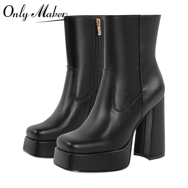 Onlymaker Women Square Toe Ankle Boots Black Matte Side Zipper Square Heels Fashion Party Dress Big Size Lady Booties