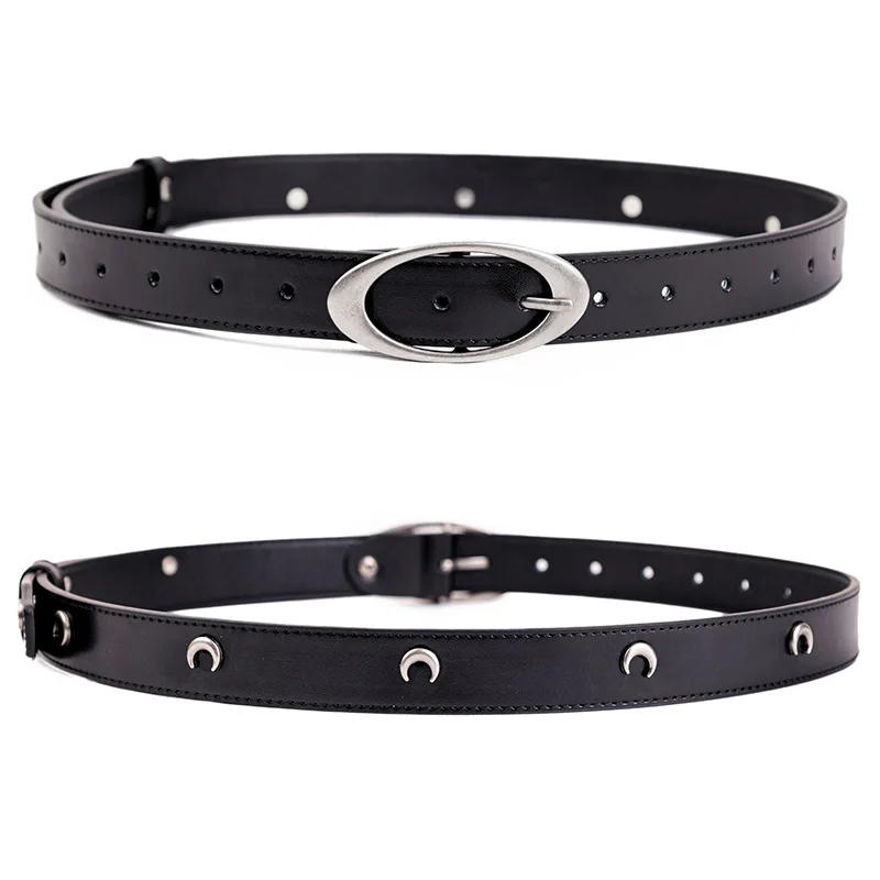 Men Women Vintage Moon Crescent Leather Belt Distressed Genuine Leather Waist Belt Versatile Casual Belt for Jeans & Coats