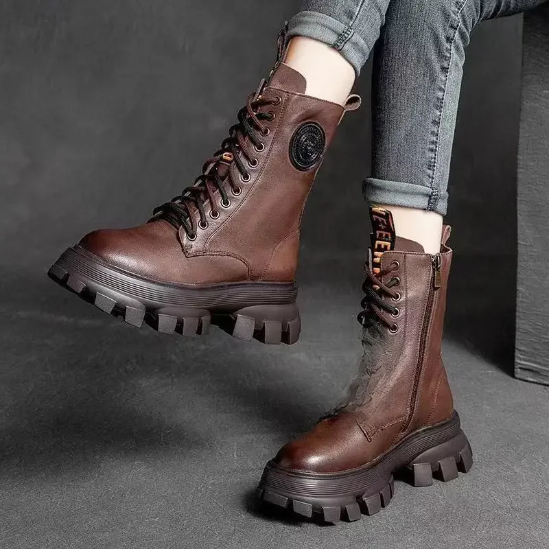 Bottines demi-bottes en cuir véritable et fourrure pour femme, chaussures Punk Chelsea gothiques Y2k rembourrées, nouvelle collection hiver 2025