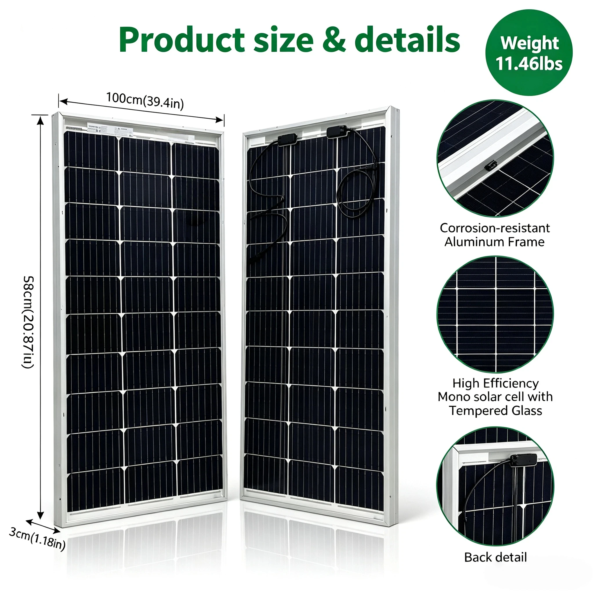 200W Bifaziales Glas-Solarmodul Hocheffizientes Gehärtetes Solarmodell, Wasserdicht, Langlebig & Korrosionsbeständig für Wohnmobile, Boote, Gärten, Balkone – Detail 2