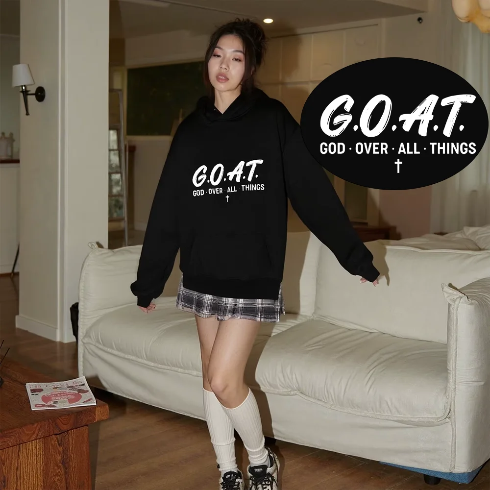 

GOAT God Hoodie Black Hoodie Stylish White Slogan Print Casual Loose Long Sleeved Autumn Spiritual Trendy Comfortable Top