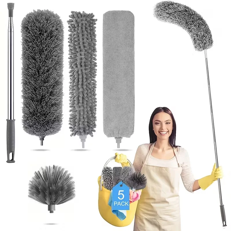 Duster for Cleaning, Microfiber Artificial Feather Duster 5in 1 Kit, Duster with Extension Pole 111 Inches, Spider Web Duster