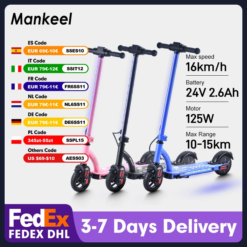 Mankeel Scooter électrique pour enfants âgés de 6 à 12 ans 16 km/h vitesse maximale portée 10-15 km pliable 125 W e-scooter pour enfants
