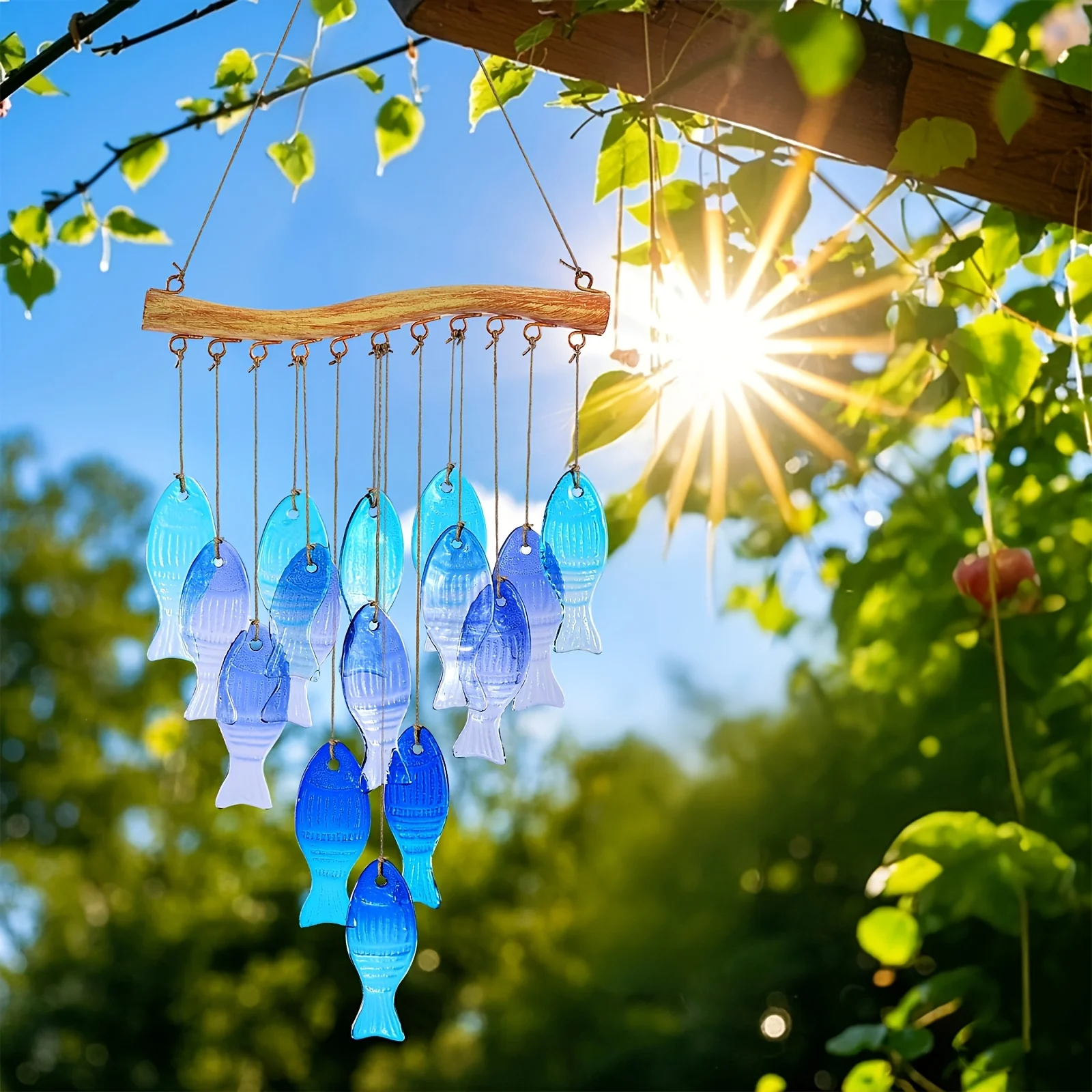 Handmade Blue Glass Fish Wind Chime - Outdoor/Indoor Hanging Decoration With Vibrant Spherical Fish, Garden, Terrace, Beach Part - view 4