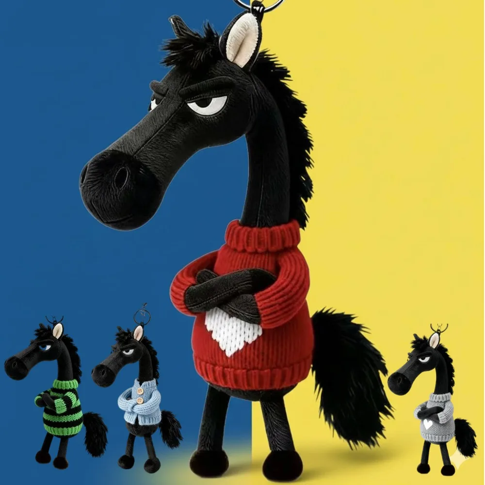 Lindo Peluche de Caballo Negro con Suéter, Llavero de Mascota de Caballo 2026, Colgante de Caballo Oscuro para Bolso y Mochila, Regalo