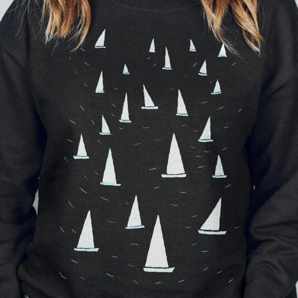 Bluza z motywem żaglówki, marynarski wzór, jesień zima, luźna, z długim rękawem, fajna, relaksowana, motyw morski, wybierz topy z tkaniny.