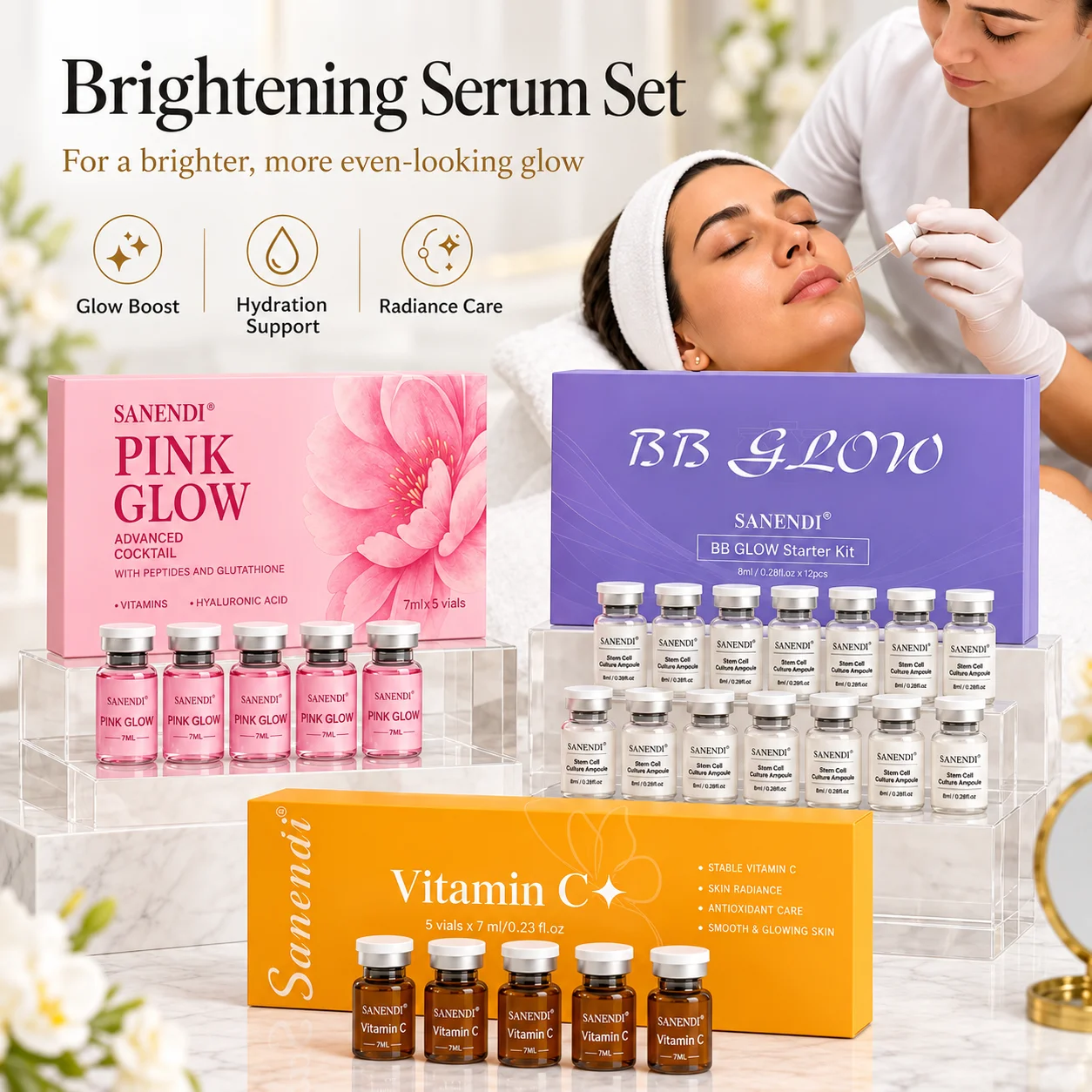 SANENDI PINK GLOW Korean Cocktail Serum PDRN Ampoule Peptide Hyaluronic Acid Bright Facial Essence For Dermapen