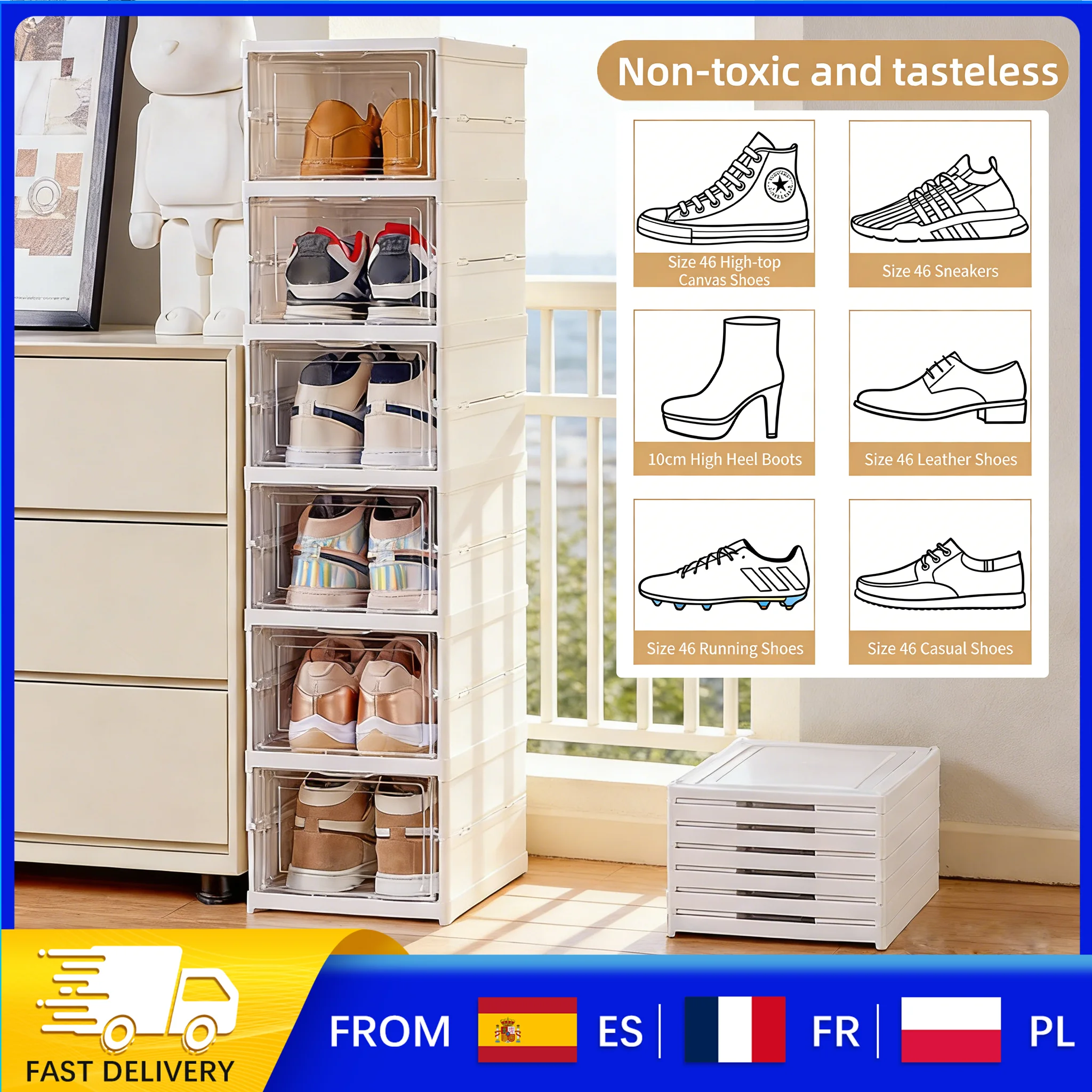 Boîte de rangement à chaussures pliable à 6 couches, transparente en PP, empilable, anti-poussière, respirante, pour placard/lit