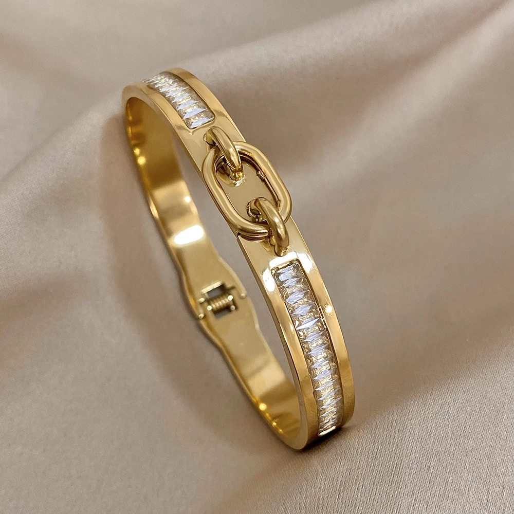 Luxury Design Buckle Belt Stainless Steel Bangle Bracelet Women Gold Silver Color Cuff Bracelets Waterproof Wrist Jewelry