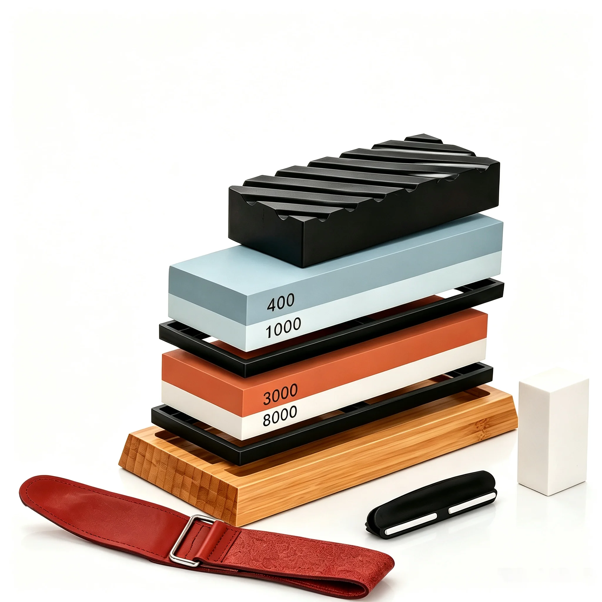 Professional Knife Sharpening Stone Set with Bamboo Base. Features dual-grit whetstones: 400/1000 and 3000/8000. This kit comes with a non-slip bamboo holder, angle guide for chef knives, and leather honing strop.