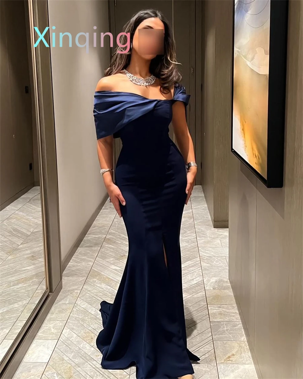Customized  Mermaid Graceful Blue Jersey Evening Dress Modern Boat Neck Off the Shoulder Sleeveless Prom Dress Fashion  image 6