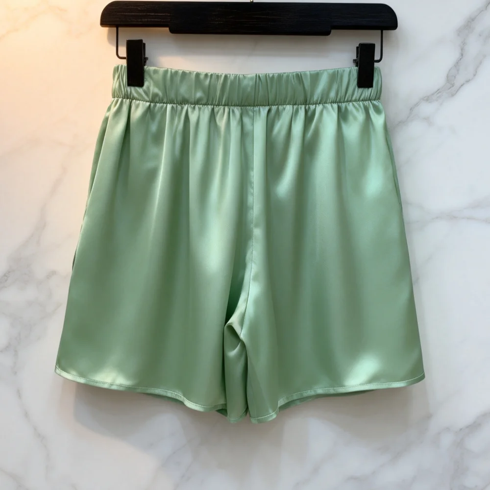

2026 Women's Summer Satin Shorts Casual High Waist Loose Mint Green Lounge Shorts Soft Sleep Bottoms Streetwear 008