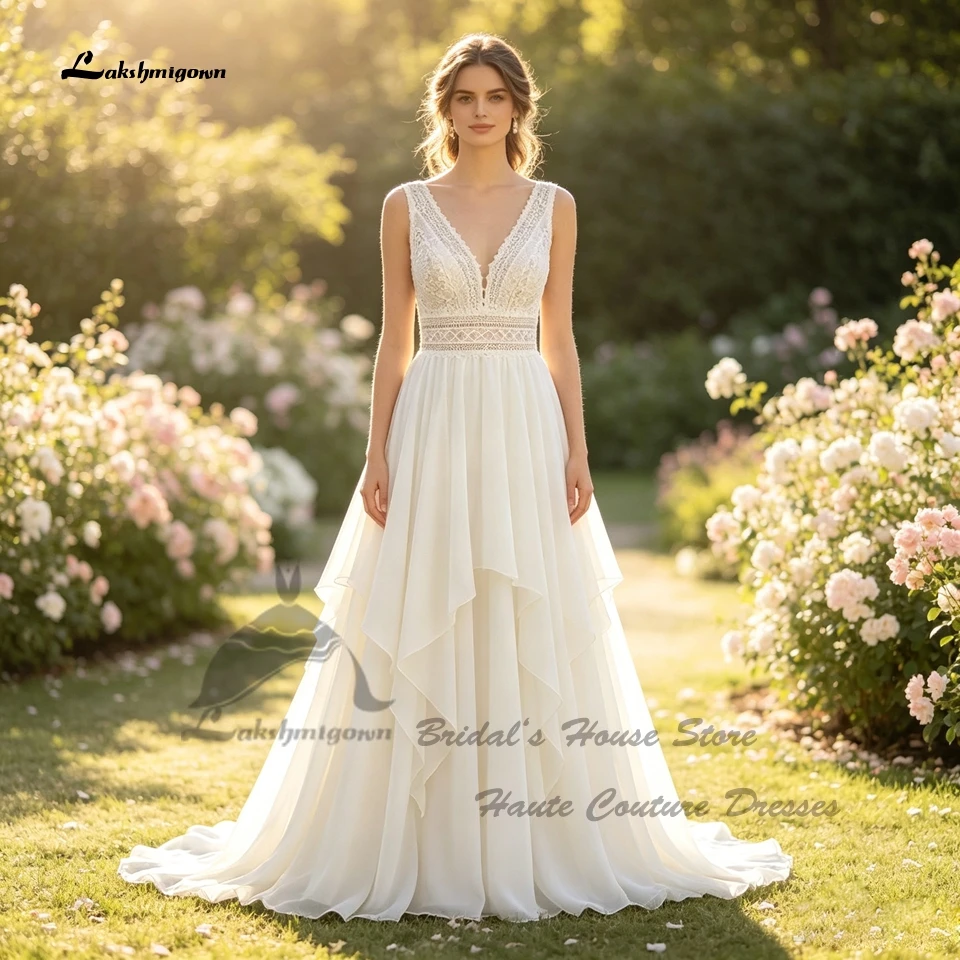 Lakshmigown Vintage Chiffon Strand-Hochzeitskleider 2027 Zivile Boho-Brautkleider mit Rüschen, V-Ausschnitt, Spitzenoberteil, Maßanfertigung – Detail 6
