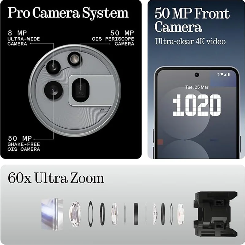 Nothing Phone (3a) Pro, sistema de cámara Pro de 50 Mpx, grabación de video 4K, pantalla FHD+ suave, 7s Gen 3 5G 3