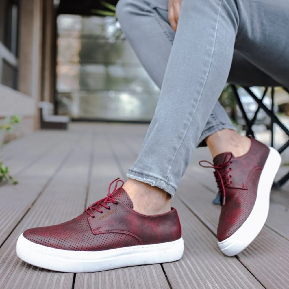 FOH Store Sneakers for Men Women BURGUNDY Artificial Leather 2023 Spring Autumn Casual Lace Up Fashion Shoes High Base Sport Comfortable Light Vulcanized Daily Original Odorless Orthopedic Suits Office Wedding 061