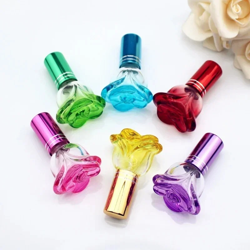 1Pc 6ml Colorful Rose Shaped Empty Glass Perfume Bottle Small Sample Portable Parfume Refillable Scent Sprayer