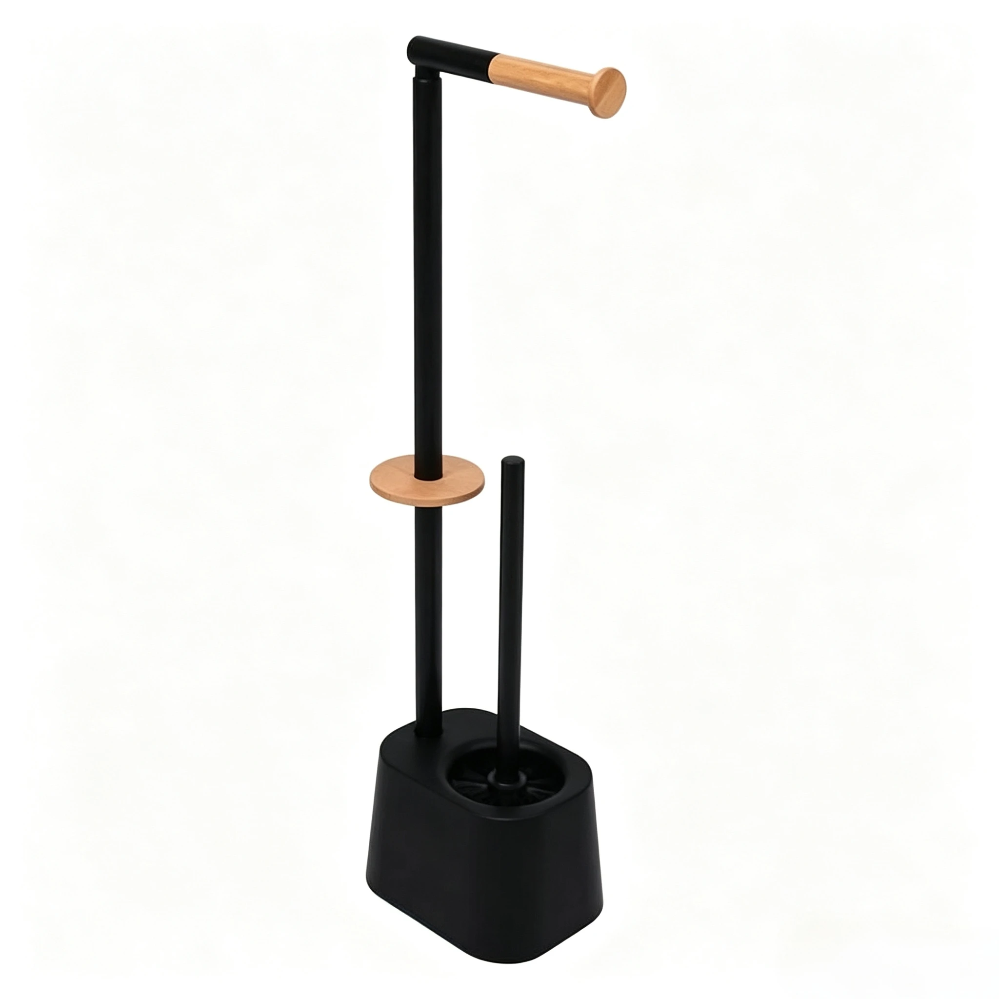 Bm Piantana toiletrolhouder en borstelhouder, metalen toiletrolhouder van kunsthars, 2-in-1 toilet in beige kleur, vrijstaande badkameraccessoires (zwart).