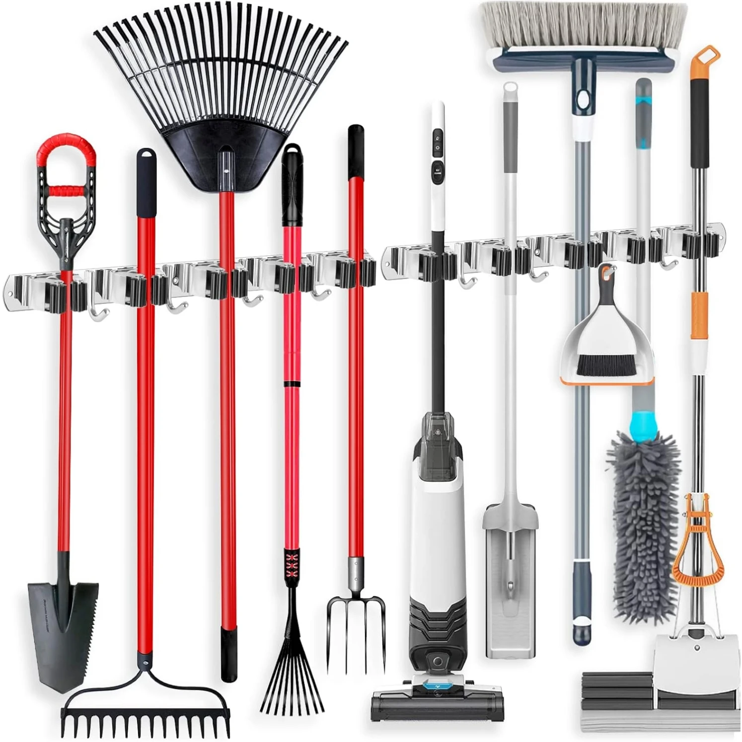 304 Stainless Steel Mop Broom Holder Wall Mount, Adhesive & Drilled Tool Organizer Rack with Hooks, Heavy Duty Garage Laundry Room Cleaning Tool Storage Hanger