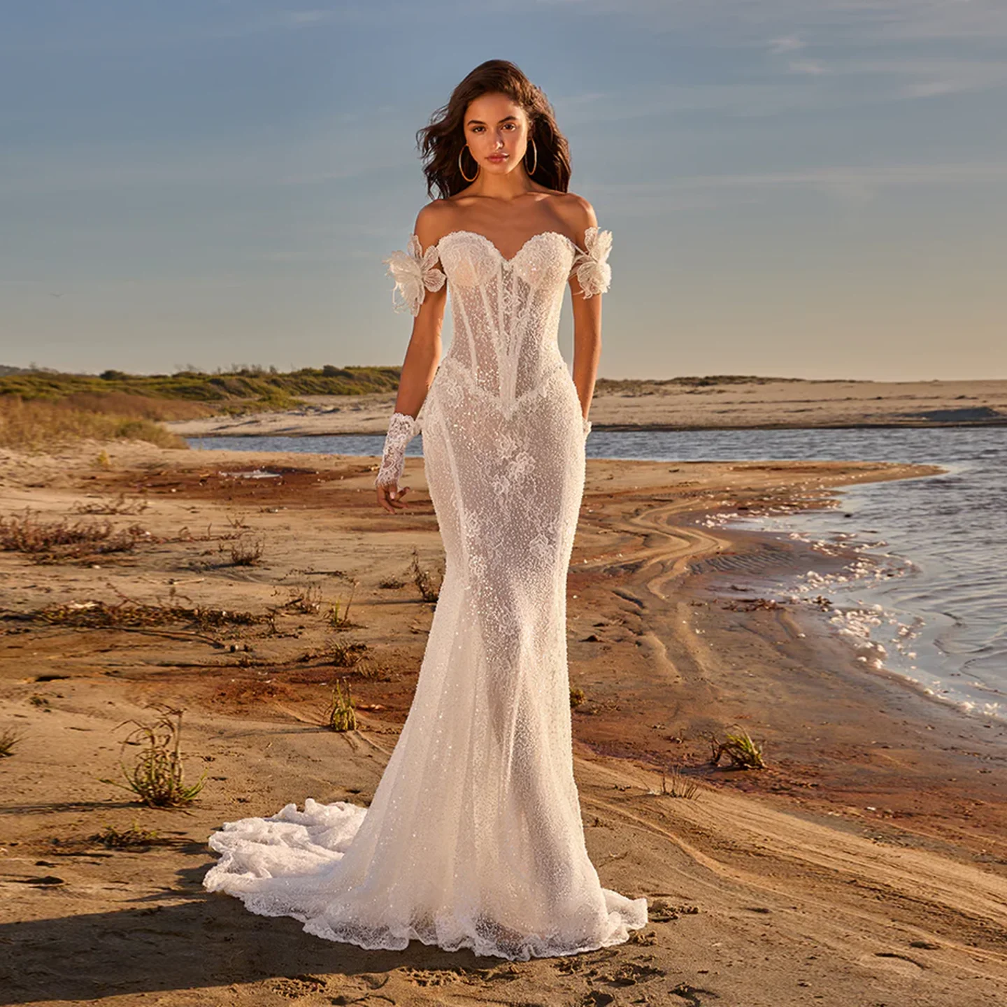 

Sharon Said 2025 Luxury Off White Tulle Wedding Dress Sexy Mermaid Sweetheart Off Shoulder Corset Bridal Gowns SW360 Customized