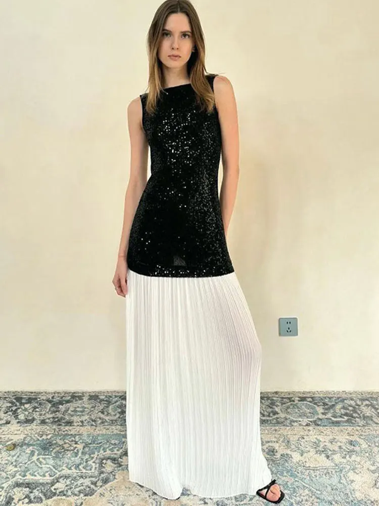 

Sexy Backless Sleeveless Suspenders Long Skirt Elegant Sequined Pleated Ruffled Patchwork Dress For Party Club