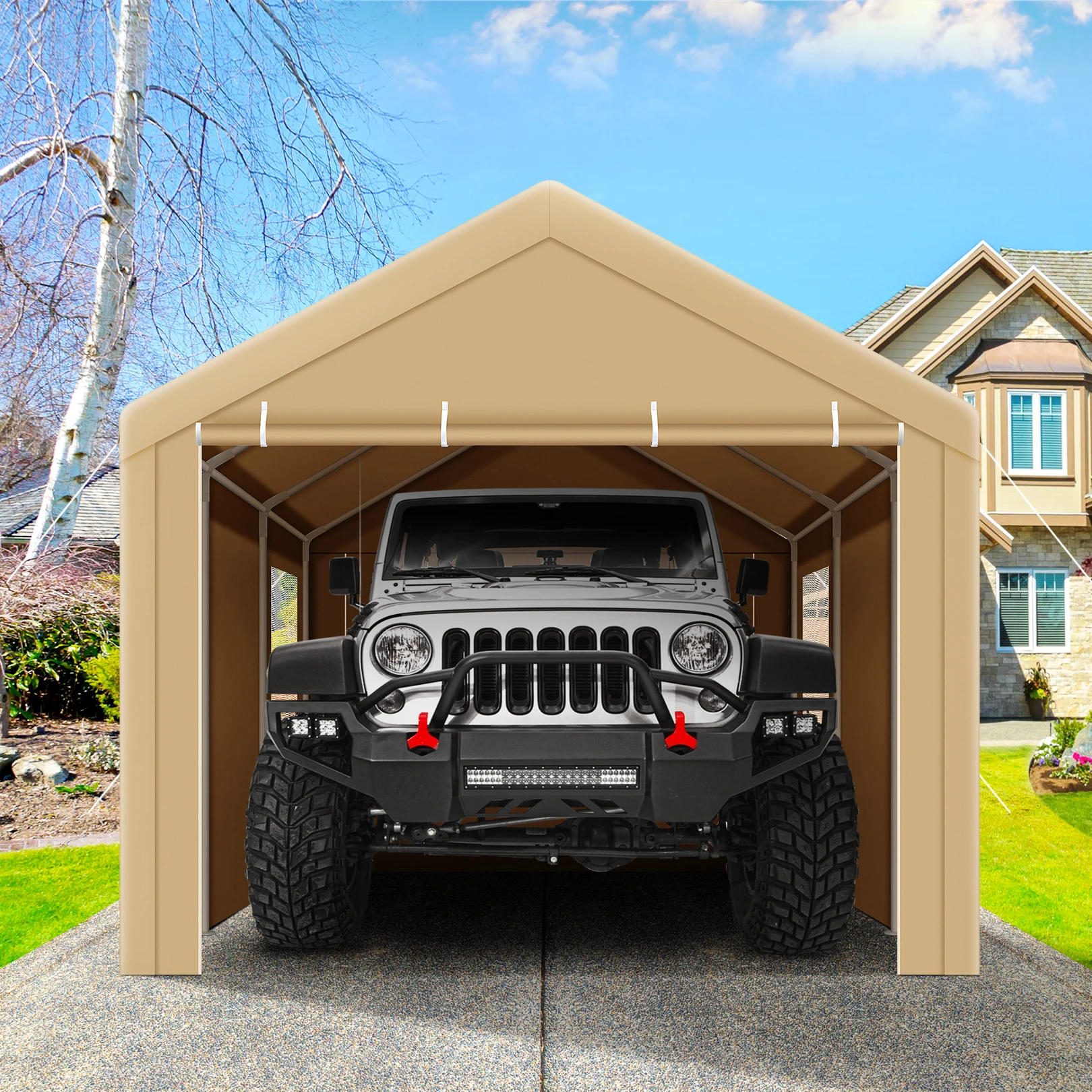 

Carports 10x20 Heavy Duty Car Canopy with Roll-Up Ventilation Windows & Doors, Removable Sidewalls Portable Carport Canopy