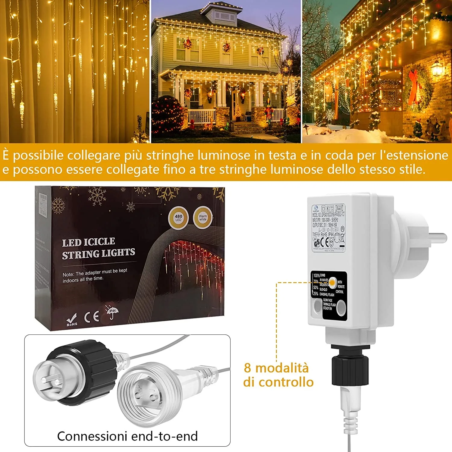 Luces Navidad en Cortina de LED 10 metros, 10M 480 LED Luces Navidad Exterior, Luces Navidad Exterior Cortina con 8 Modos Mando, IP44 Impermeable