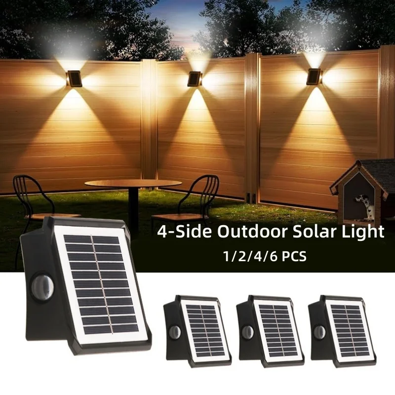 

1/2/4/6 PCS Solar Fence Lights, 4-Side Solar Outdoor Light, IP65 Waterproof Solar Powered Light for Backyard Patio Balcony Porch