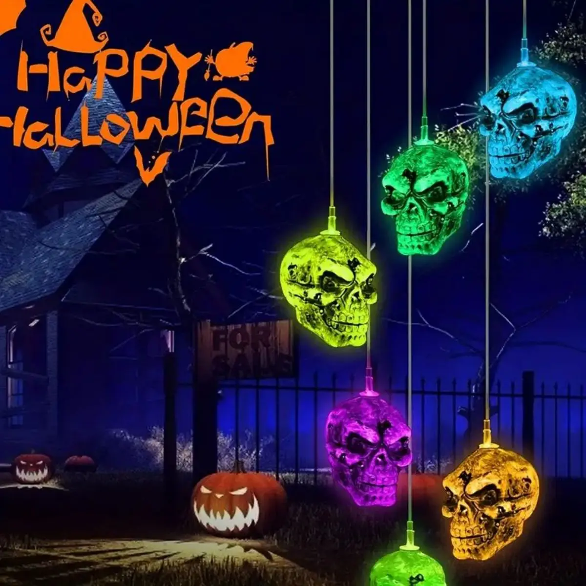 

1pc Unique Copper & Plastic Skull Head Solar Wind Chime Decoration - 6 Color-Changing LED String Lights，Easy to Install