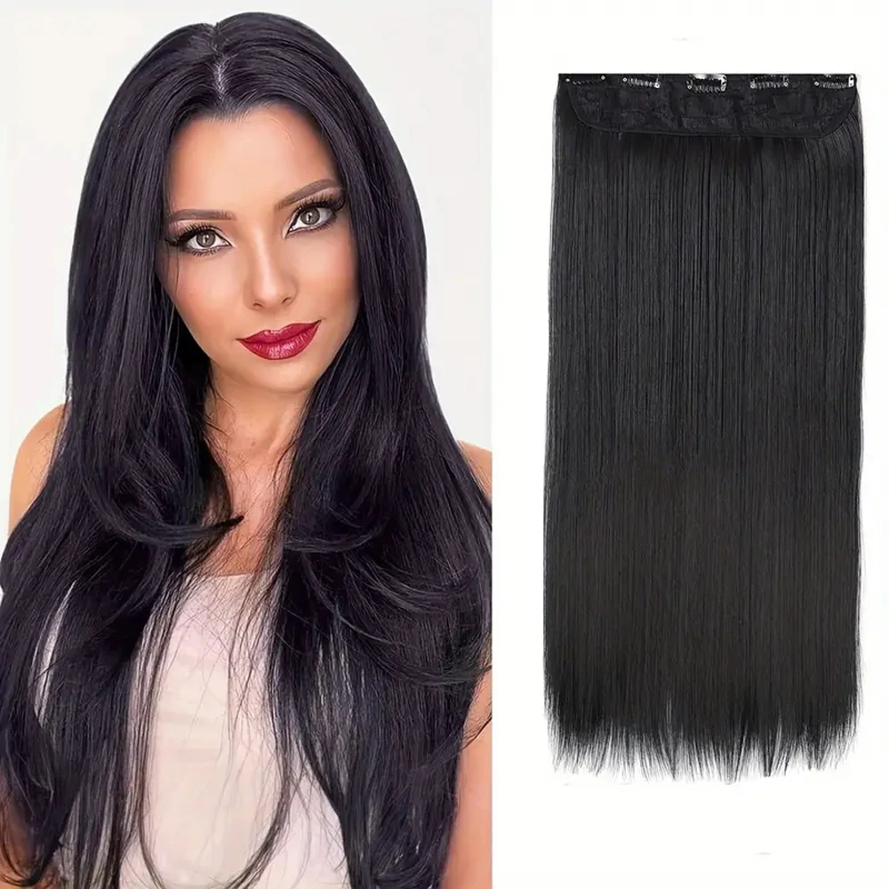 Clip in One Piece Long Straight Human Hair Extensions Natural Black Clip in 5 Clips 3/4 Full Head Remy Human Hair Straight Clips