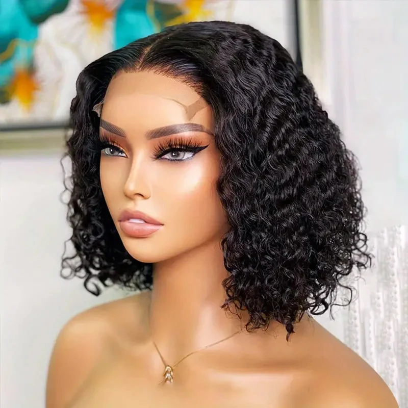 

Deep Wave Lace Front Wig Bob Wig 4x4 Closed Curly Wig Black Women 150% Density Unprocessed Brazilian Women's Hair #1B