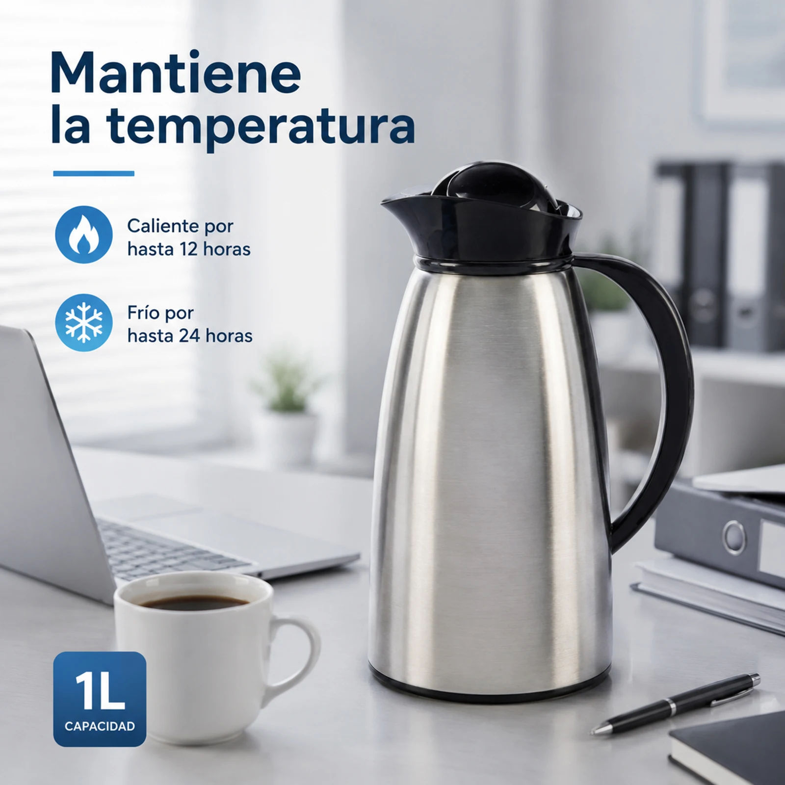 Carafe isotherme en acier inoxydable avec récipient intérieur en verre de 1 litre, conserve la chaleur jusqu'à 12 heures et le froid jusqu'à 24 heures, poignée ergonomique antidérapante, carafe thermique pour eau chaude, café et thé, idéale pour les bureaux, la maison, les voyages et