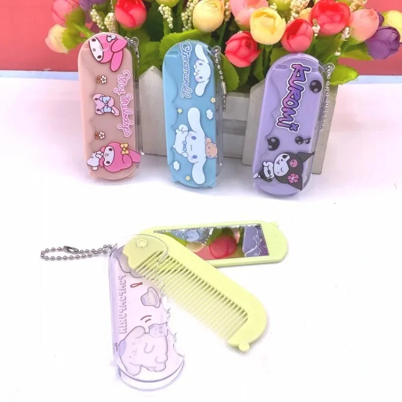 MINISO-Ensemble de peignes et de miroirs Sanurgente co-marqués, miroir de maquillage pliable, portable, mignon, dessin animé, Kuromi, Hello Kitty, Melody, voyage en plein air