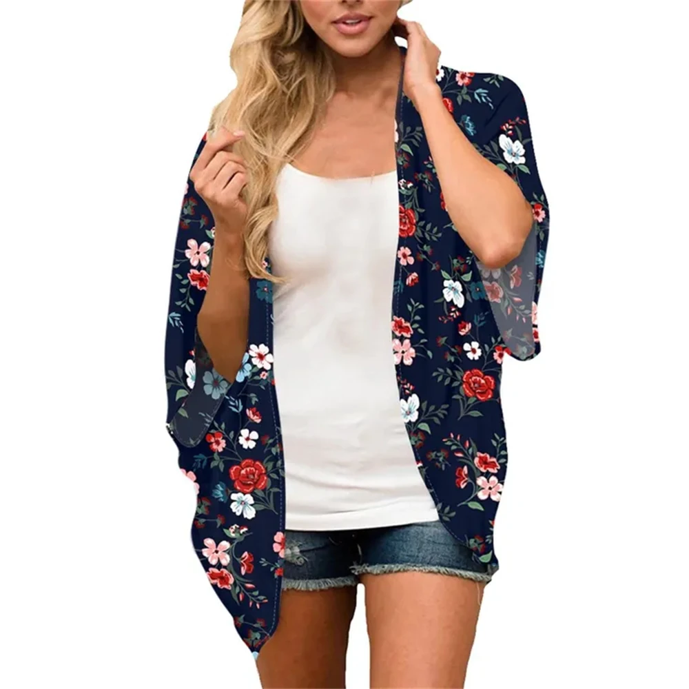 Women'S Floral Print Puff Sleeve Kimono Cardigan Loose Cover Up Casual Blouse Tops Bikini Cover Up Beach Dress Luxury Beach 2023