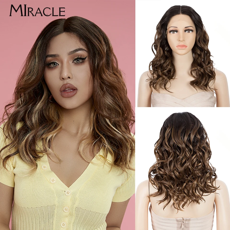 

MIRACLE Synthetic 18 Inch Lace Wig for Women Wavy Lace Front Wigs Cosplay Wig Daily Use Ombre Blonde Wigs Short Wavy Hair