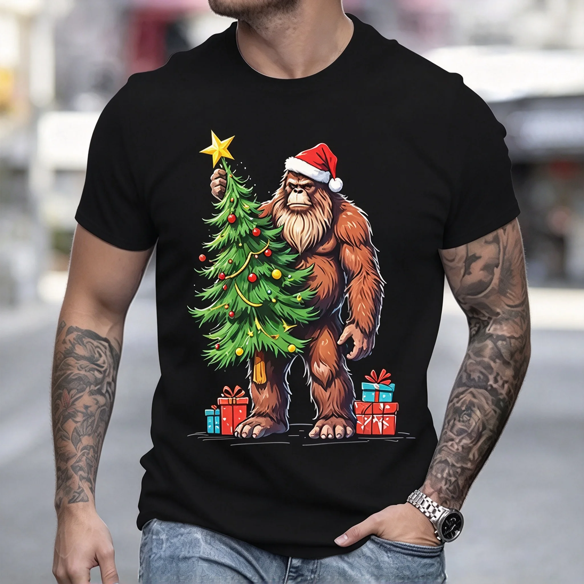 Funny Bigfoot Sasquatch Santa Hat Decorating Christmas Tree With Gifts T-Shirt, 100% Cotton Unisex Xmas Holiday Tee
