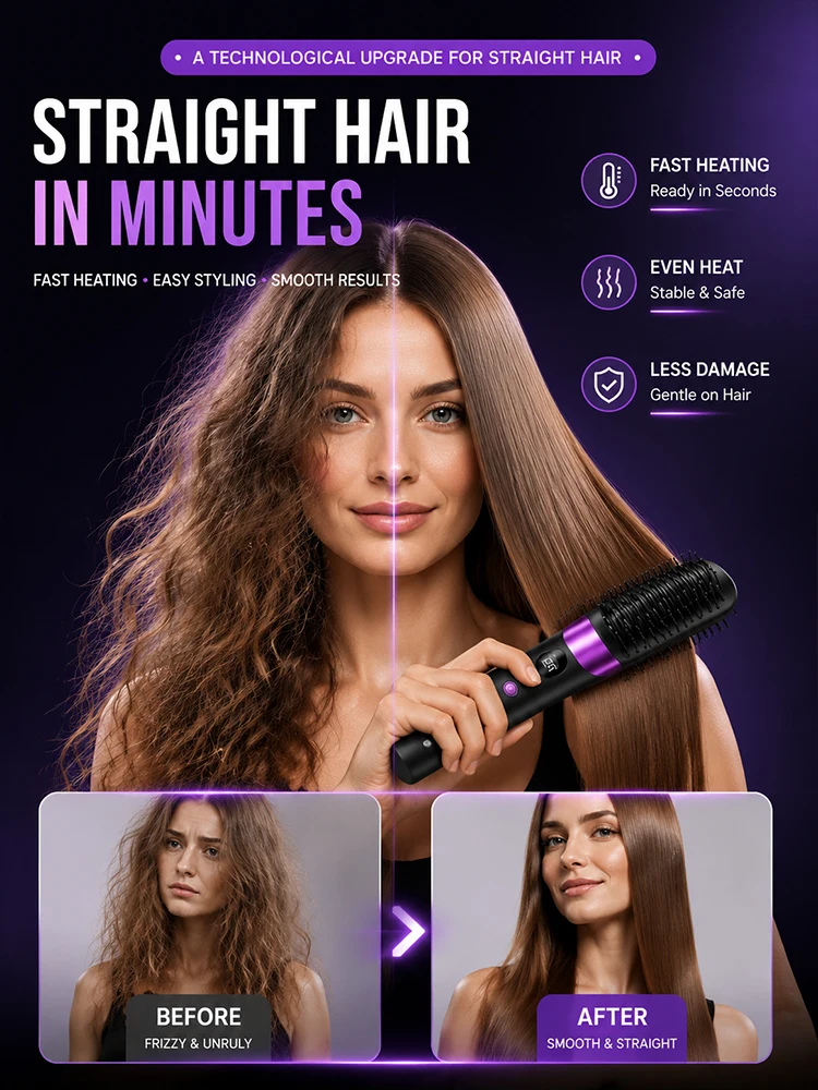 Cordless Hair Straightener Brush, USB Rechargeable Hot Brush, Ceramic Heating, 4 Heat Levels, LED Display, Frizz Control