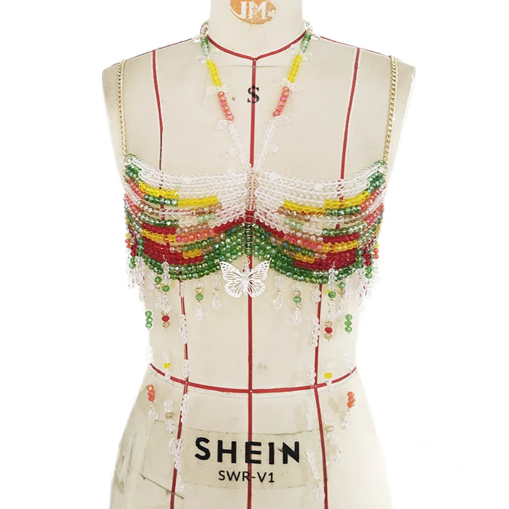 

Женский топ с лямкой на шее и бабочкой, цепочка из бисера, топ ручной работы, бикини, бюстгальтер-русалка, зеленый цепочка из бисера, праздничный топ без косточек с кристаллами