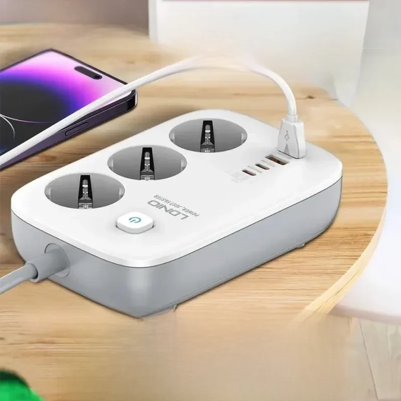 LDNIO Power Strip EU Standard 3 Outlets 4 USB Ports PD65w GaN UsB Charging 3250W Network Filter 2M Extension Cord Socket adapter