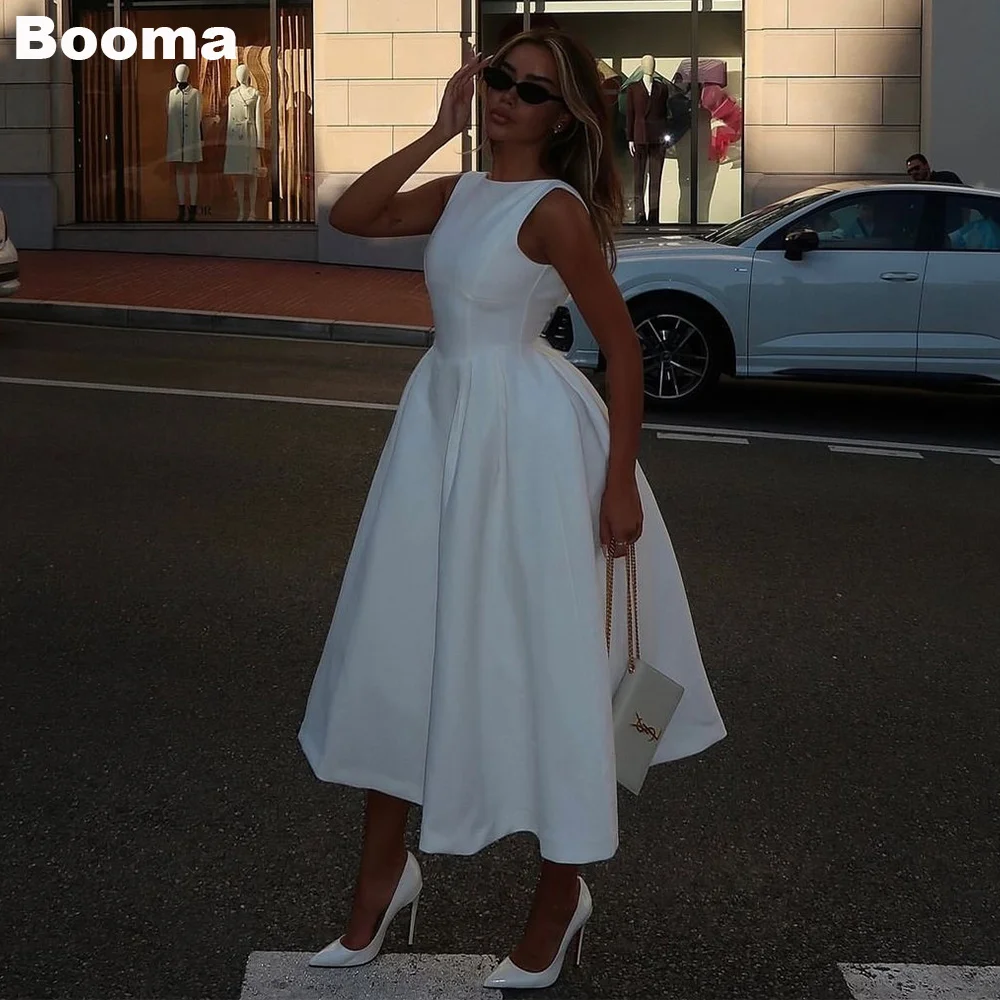 

Booma A-Line Wedding Party Dresses High Satin Brides Party Gowns for Women Tea-Length Bridals Evening Dress Customs