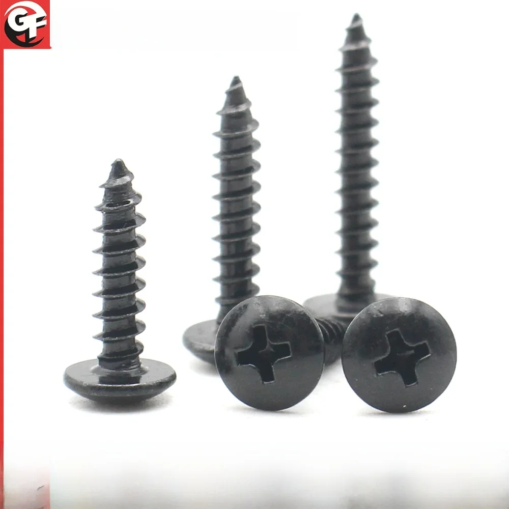 Vis autotaraudeuses en acier au carbone noir M2.6 M3 M4 M5 M6, tête de treillis Phillips encastrée en croix, tête de champignon, 20/50/100 pièces