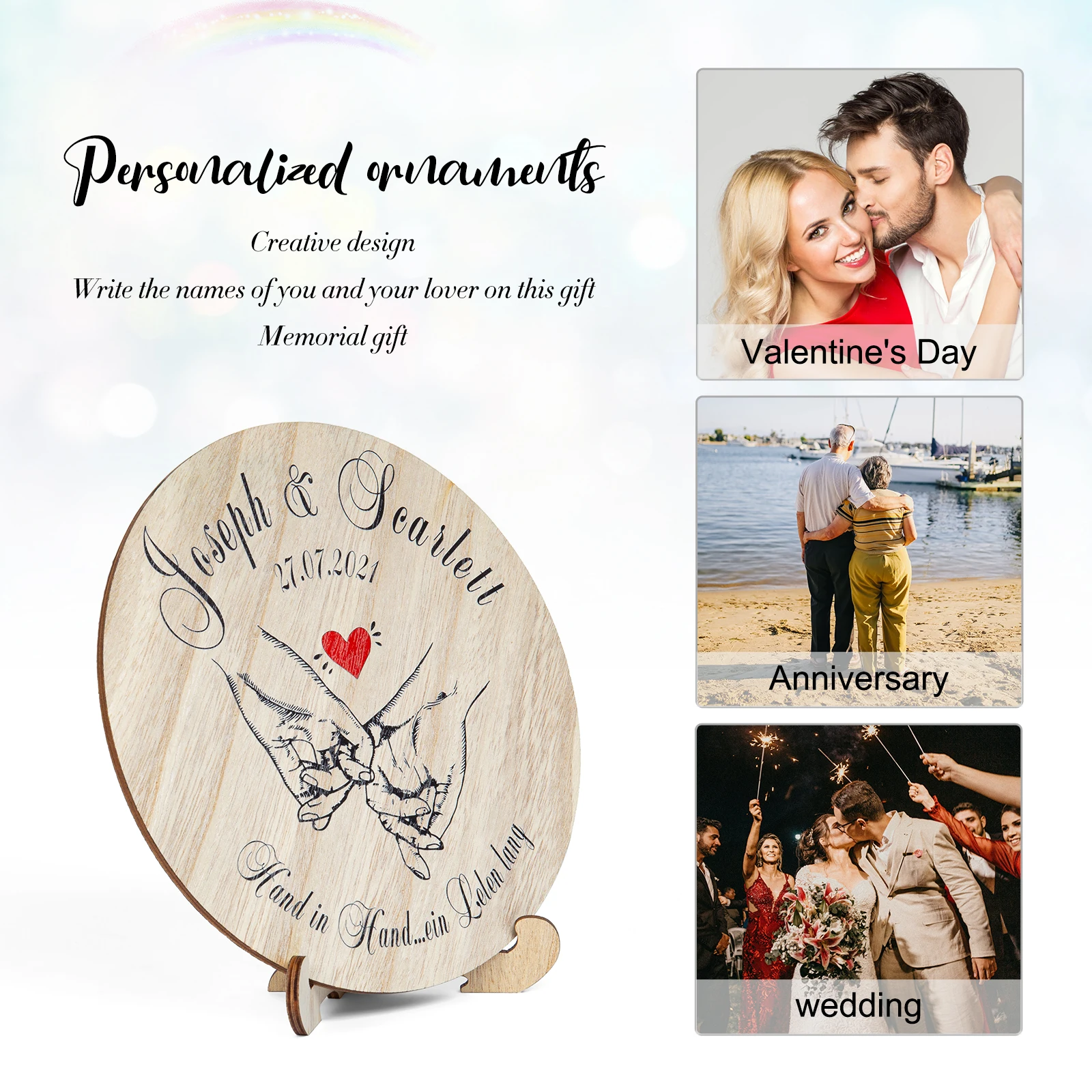 Personalized Holzscheibe Aus Holz 20cm - Gravur Name Datum Paar Hand In Hand Mit Rotem Herz Anniversary Wedding Decorations