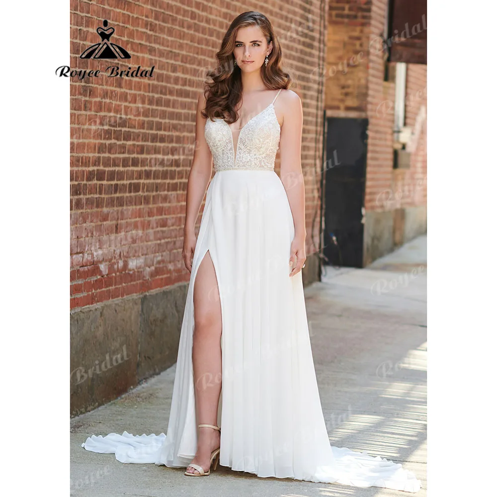 hochzeit Split Side Chiffon V Neck Wedding Dress for Bride 2024 Spaghetti Straps Open Back Flowying Train Wedding Party Gown