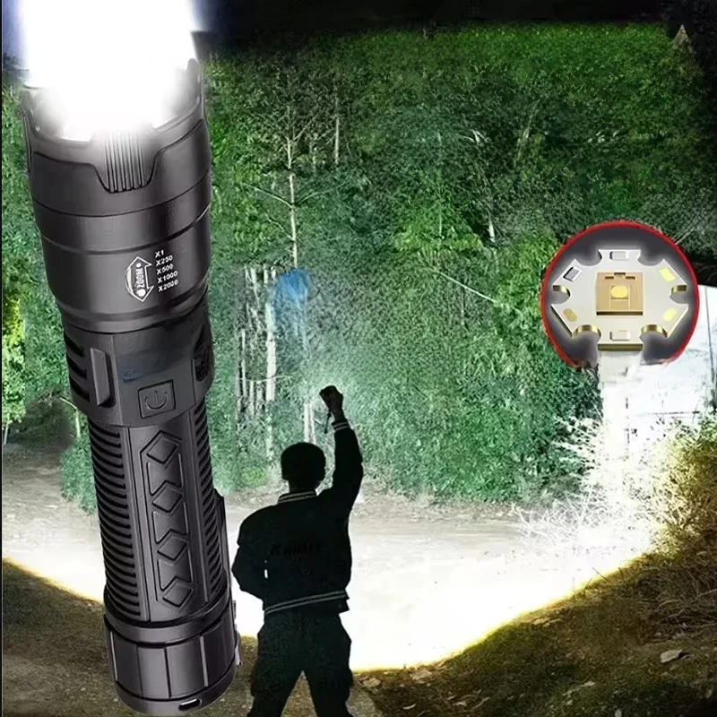 Lampe de poche LED haute puissance 2000LM, batterie intégrée, Rechargeable par USB, torche tactique à lumière forte, lanterne de Camping en plein air et de randonnée