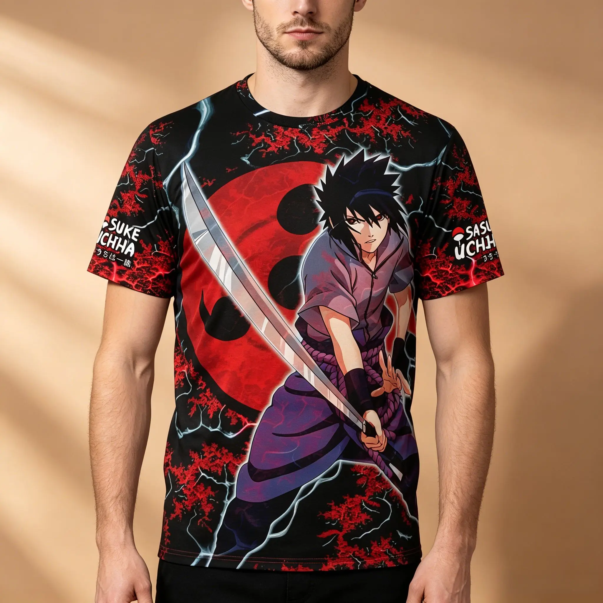 Herren Anime All-Over Sublimations-Grafik-T-Shirt, Naruto Sasuke Uchiha Sharingan Roter Blitz-Vollprint, Weich und Atmungsaktiv