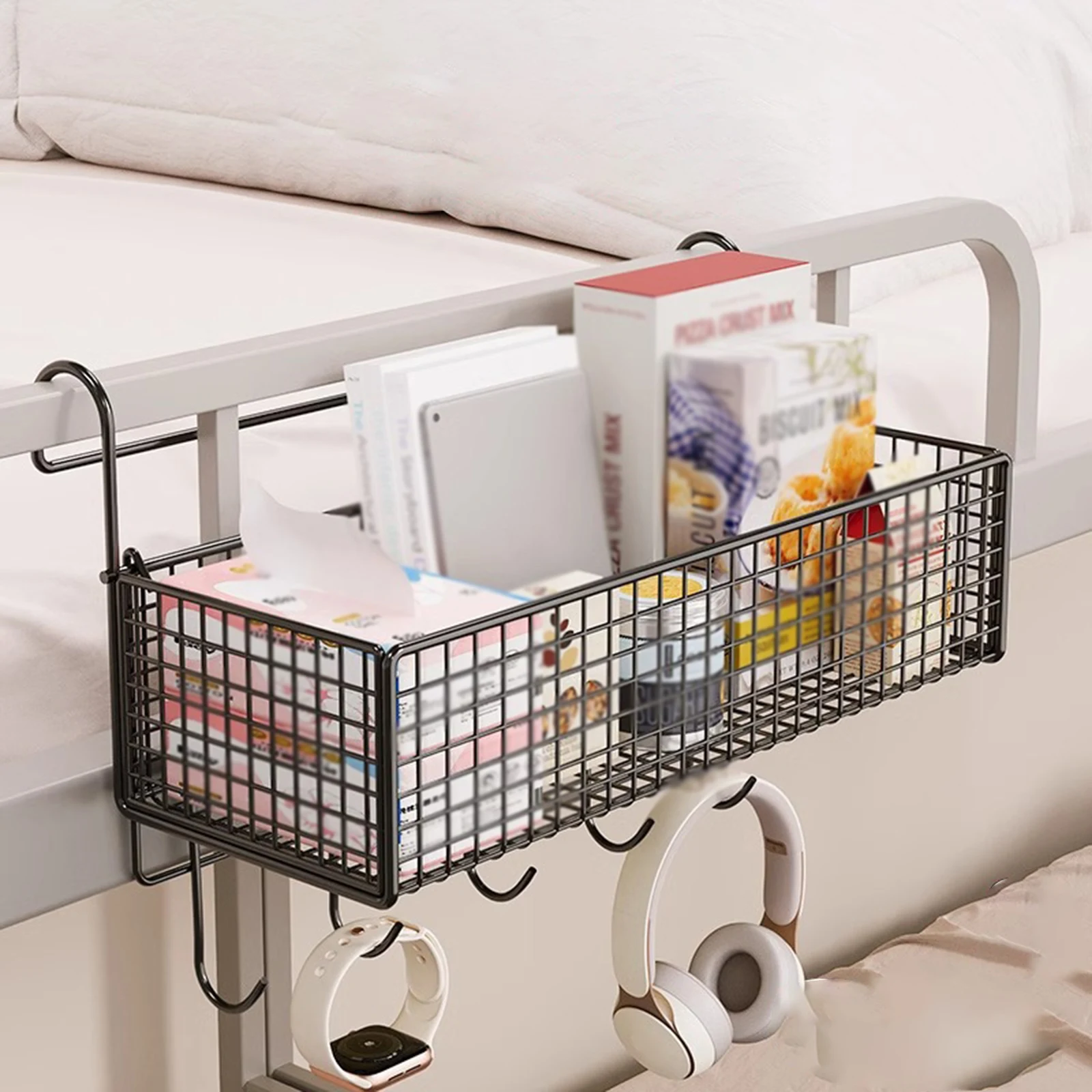 Bedside Hanging Storage Basket Multifunctional Dorm Beside Shelf Metal Organizer for Collage Dorm Bunk Bed Sundries Storage