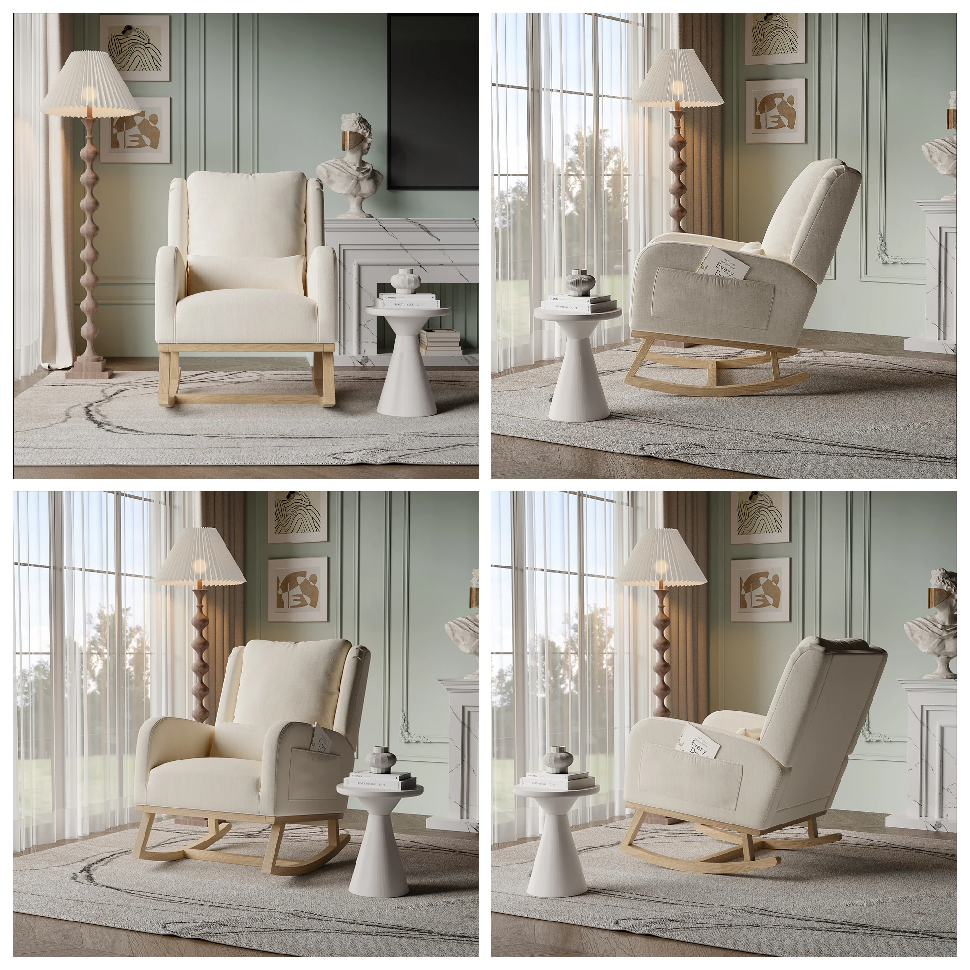 Schaukelstuhl mit massivem Holzgestell, geeignet für Wohnzimmer, Schlafzimmer, Balkon und Garten (Beige, 68 x 93 x 96 cm) – Detail 5