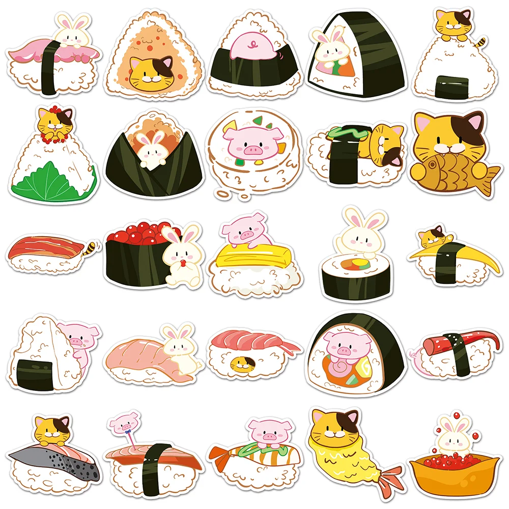 10/30/50PCS Cute Animal Sushi Graffiti Stickers PVC Material HD Printing DIY Refrigerator Envelope Scrapbook Waterproof Stickers