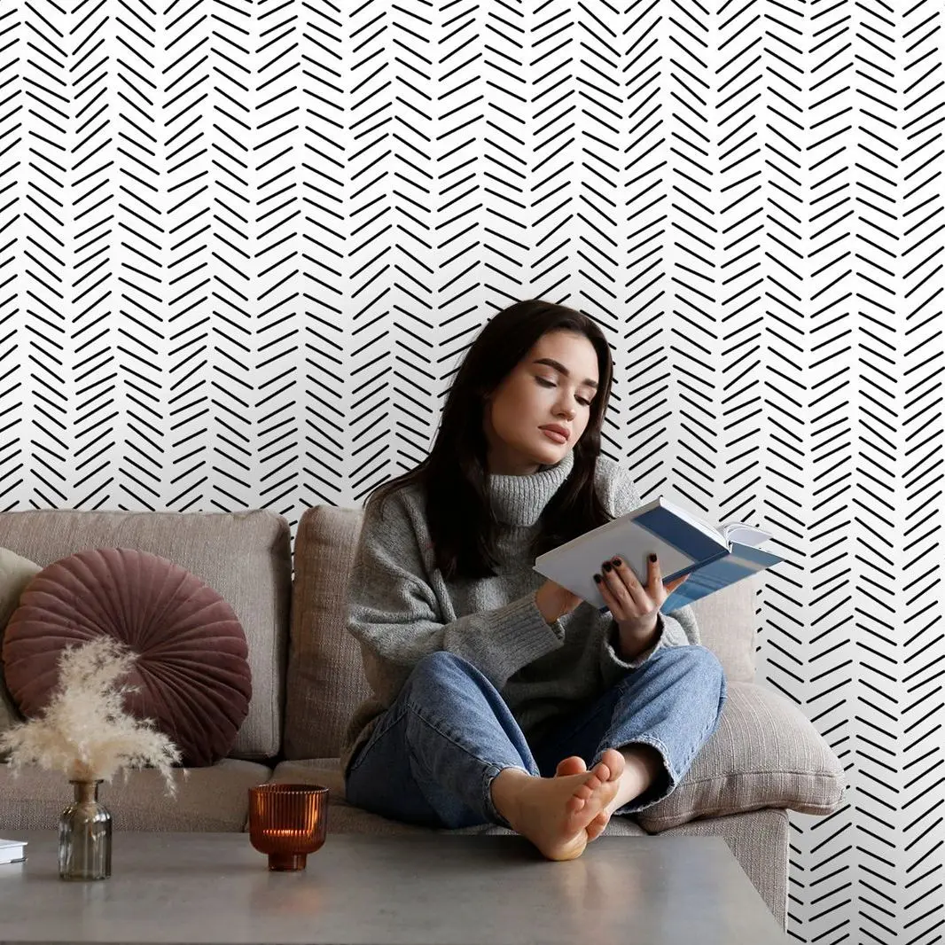 Chevron Black and White Line Wallpaper, Scandinavian Stylish Geometric Lines Wall Paper, Minimalist Herringbone Stripe Walpaper