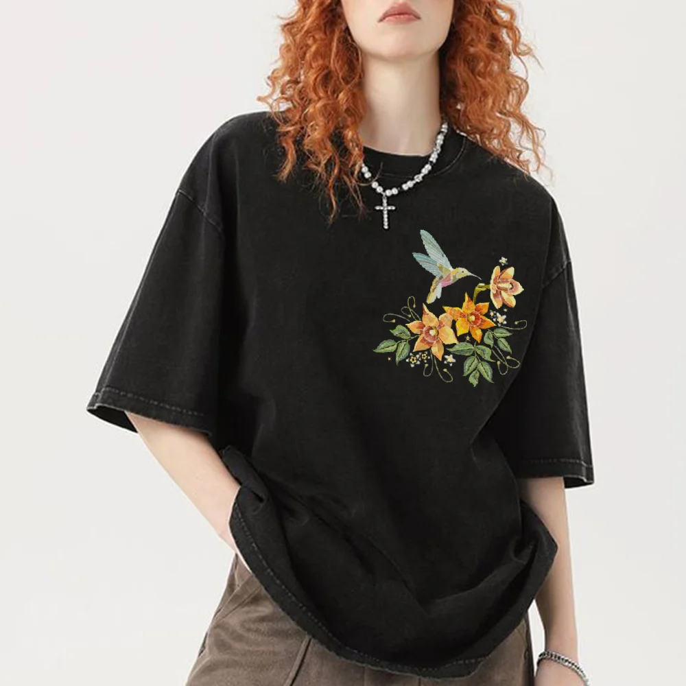 Ropa de mujer de manga corta desgastada de algodón puro estampado, camiseta estilo INS de verano, ropa de mujer estilo fresco y Ins informal