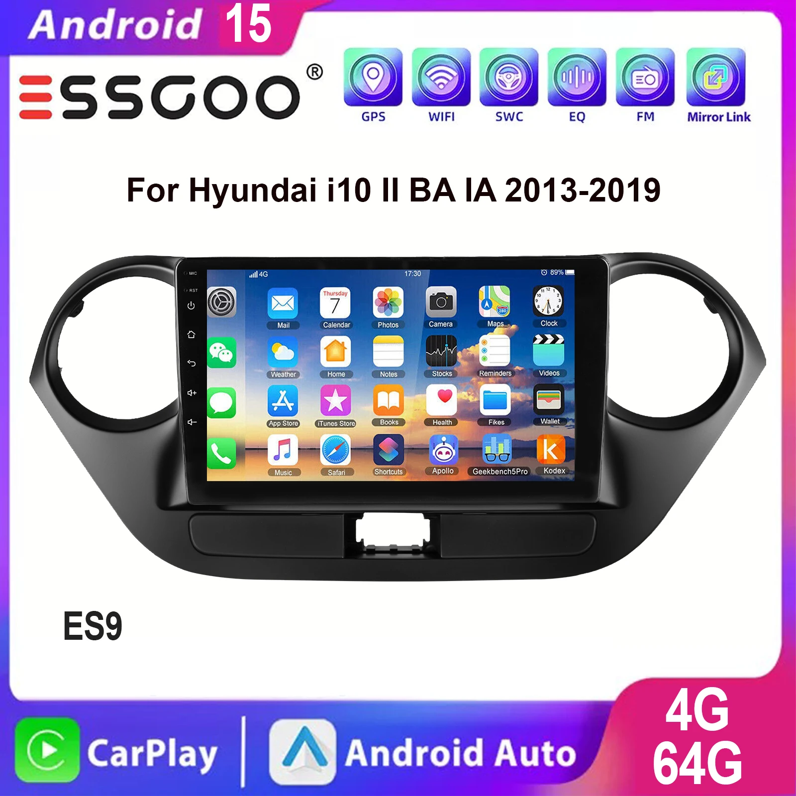 ESSGOO 9 Zoll IPS Touchscreen Apple Carplay Android auto für Hyundai i10 BA 2013-2019 Autoradio Android 15 GPS Navigation WIFI Lenkradfernbedienung USB FM Bluetooth Spiegellink ASP-Sound Geteilter